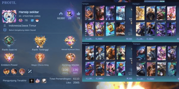 Gambar Product AKUN MOBILE LEGEND RECAL PARTY KING MURAH GG [140] HERO 108 SKIN 136 MOBILE LEGEND ACCOUNT CHEAP GG [140] HERO 108 SKIN 136