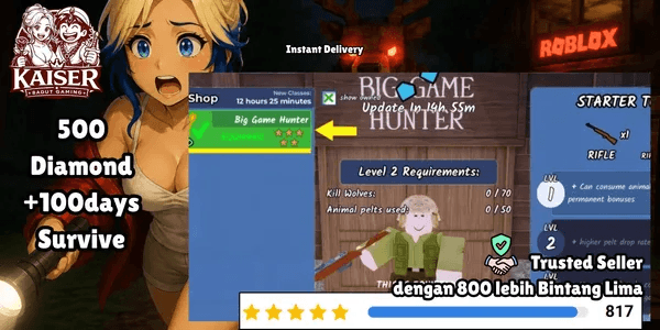 Akun Murah 5 Star Class Big Game Hunter + Bonus 500 Diamonds, 100 Days Survive | 99 Nights In The Forest