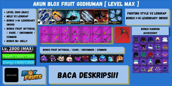 Gambar Product AKUN BLOX FRUIT GODHUMAN [ LEVEL MAX ] - BANYAK BONUS++++