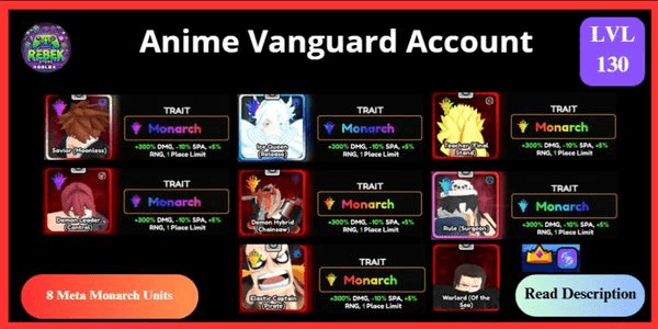 Gambar Product Account 8 Meta Monarch - Ichigo, Ice Queen, Teacher, Demon Leader, Hybrid Demon, Elastic Captain, Rule, Shanks + VIP, Shiny Hunter Gamepass