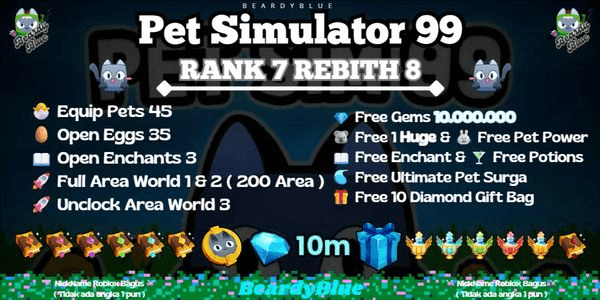 Gambar Product Account Pet Simulator 99 | Rank 7 Rebith 8 | Unlocked Trade & Booth | Pengiriman Instant