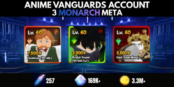 Gambar Product Akun 3 Monarch + 1 Shiny (Escanor, Broly, Dio OH + Shiny Griffith) - Anime Vanguards