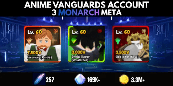 Akun 3 Monarch + 1 Shiny (Escanor, Broly, Dio OH + Shiny Griffith) - Anime Vanguards