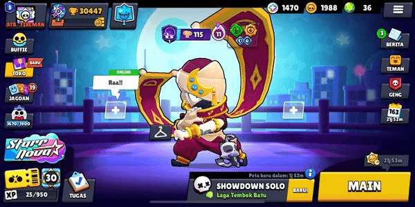 Gambar Product Brawls 89 > Trophy 30447 > Brawl Max 27 Hypercharged 21 > Skin 227 >> Bling 1470 >> Coins 1988 >> Gems 36