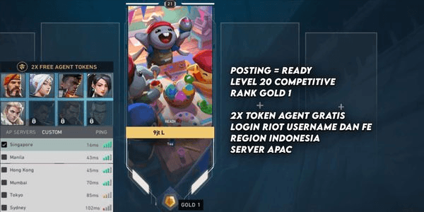 Gambar Product Akun Level 20 Valorant, Siap Competitive Valo, GOLD 1