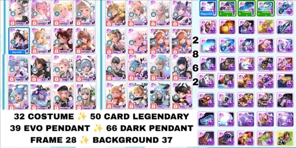 2862 - GETRICH SULTAN ACCOUNT. 32 COSTUMES. 50 LEGENDARY CARDS. 39 EVO PENDANTS. 66 DARK PENDANTS.