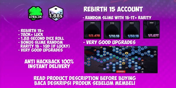 Gambar Product REBIRTH 15 ACCOUNT (Bonus 1B-1Qd Slime + Very Good Upgrades)