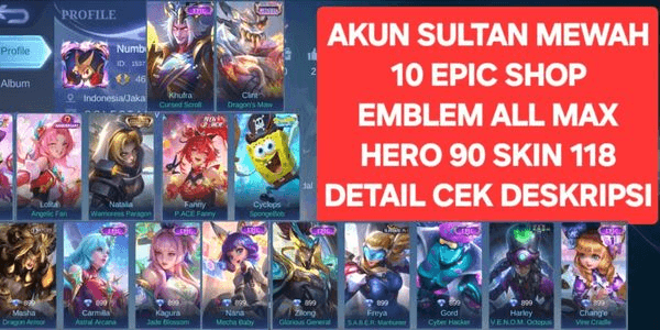 Gambar Product Akun mobile legends murah(hero+skin+emblem banyak)