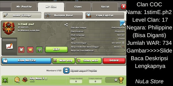 Gambar Product Clan/Squad Clash of Clan Lvl 17 | WAR Match 734 | CWL Liga Gold | Via Gifting | Baca Deskripsi