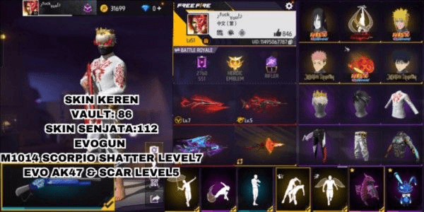Gambar Product SKIN KEREN VAULT: 86 SKIN SENJATA:112 EVOGUN  M1014 Scorpio Shatter level7 Evo ak47 & scar level5