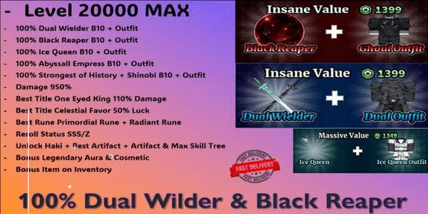 Gambar Product Best Sword & Melee - Reroll SSS - Mythic Race - Secret Trait - Best Clan - Level MAX - Bonus