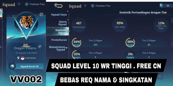 Gambar Product [FREE CN] SQUAD ML LEVEL 10 HIGH WR / SQUAD LEVEL 10 HIGH WR