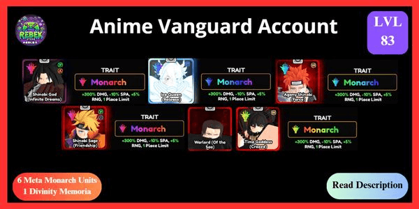 Gambar Product Account 6 Meta Monarch - Shinobi God (Vanguard), Ice Queen (Vanguard), Agony Shinobi, Shinobi Sage, Time Goddess, Shanks + 1 Divinity Memoria