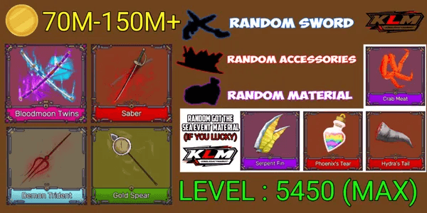 AKUN KING LEGACY MAX - BLOODMOON TWINS - SABER - 70M-170M+ MONEY - RANDOM SWORD/ACCESSORIES/MATERIAL