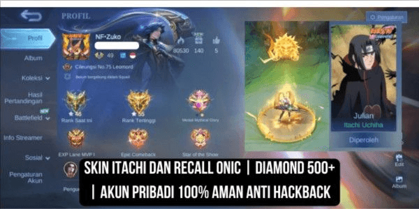 Gambar Product SKIN ITACHI DAN RECALL ONIC | DIAMOND 500+ | AKUN PRIBADI 100% AMAN ANTI HACKBACK
