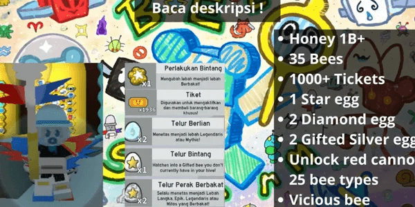 Bee Swarm Simulator account, includes bubble mask, 2 gifted eggs, 2 diamond eggs, 1000+ tickets, 1 star egg, full description