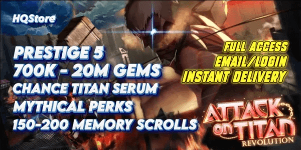 Akun AOTR 700K-20M Gems | Prestige 5 | Chance Titan Serum | Mythical Perks | 150-200 Memory Scrolls - Attack on Titan Revolution