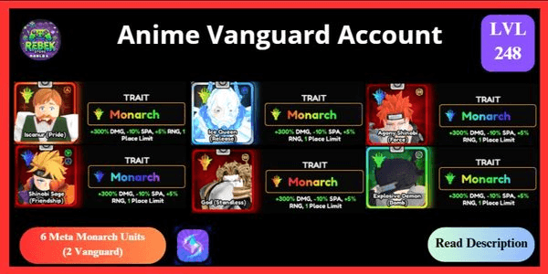Gambar Product Account 6 Meta Monarch - Shiny Ice Queen (Vanguard), Escanor (Vanguard), Agony Shinobi, Shinobi Sage, Shiny Dio, Shiny Explosive Demon + Shiny Hunter