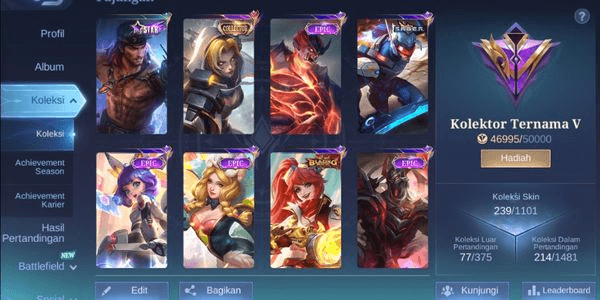 Gambar Product AKUN ML HERO MAX EMBLEM MAX SKIN 239 KOLEKTOR TERNAMA