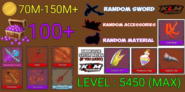 Gambar Product Akun King Legacy Max - Bloodmoon Twins - Saber - Muramasa - Ethereal - Hell Sword - Random Sword/accessories/material