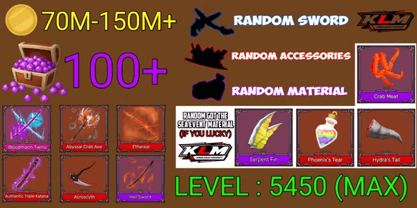 Akun King Legacy Max - Bloodmoon Twins - Abyssal Crab Axe - Acroscyth - Authentic Triple Katana - Ethereal  - Random Sword/accessories/material