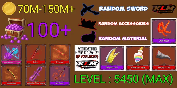 Akun King Legacy Max - Bloodmoon Twins - Saber - Authentic Triple Katana - Muramasa - Ethereal - Random Sword/accessories/material