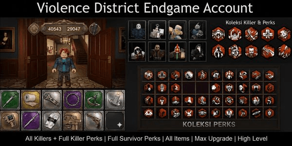 Gambar Product Violence District Endgame Account | All Killers + Full Killer Perks | Full Survivor Perks | All Items | Max Upgrade | High Level