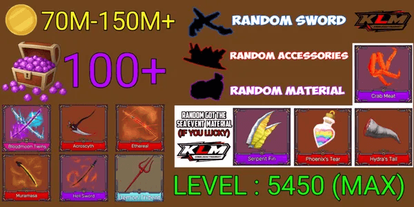 King Legacy Max Account - Bloodmoon Twins - Acroscyth - Muramasa - Ethereal - Random Sword/accessories/material