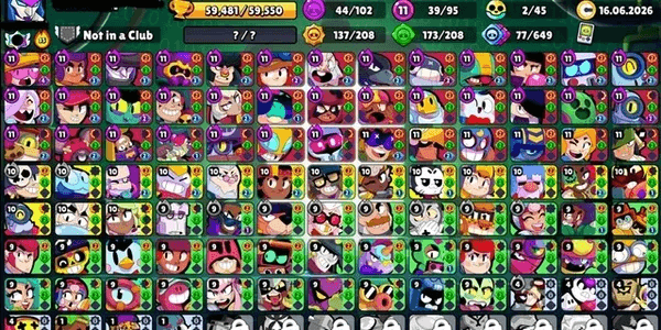59K TROPHY • 95 BRAWLERS • 39 MAXED • 33 HYPERCHARGED • 286 SKINS • 86 EPIC • 8 MYTHIC •7 LEGENDARY • 6 HC SKINS