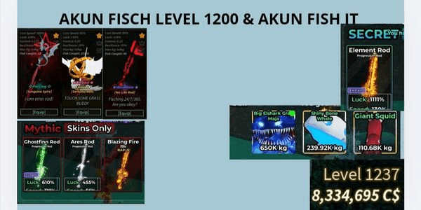 Gambar Product Fisch account level 1200 & Fisch account fish it rod element