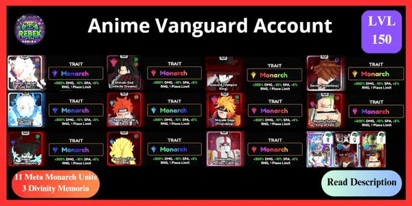 Account 11 Meta Monarch - Luffy, Shinobi God, Ice Queen, Alocard, Ichigo, Shinobi Sage, Agony Shinobi, Diablo, Zoro, Teacher, Reasonable Person