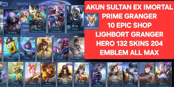 Sultan mobile legends account (emblem+hero+skin gg)