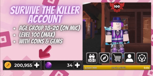 Account Survive The Killer | Level 100 | 200k Coins