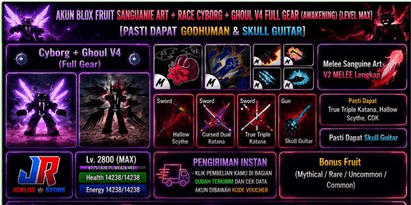 Gambar Product Blox Fruit Account Sanguaine Art + Cyborg + Ghoul v4 Full Gear (Awakening) (Godhuman + CDK + Skull Guitar) [Level MAX]