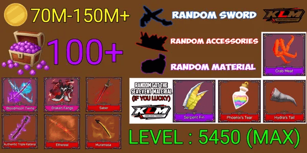 King Legacy Max Account - Bloodmoon Twins - Saber - Draken Fangs - 4 Legendary Swords - hell sword - Random Sword/accessories/material