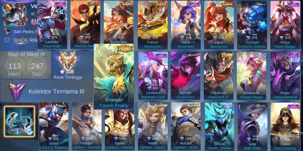 MLBB | CHEAP ACCOUNT | LV 71 | KOF DYROTH + PRIME GRANGER + STAR HAYABUSA + BENEDETTA COVENANT + COLLECTOR NATALIA | 113 HEROES | 247 SKINS | MAX EMBLEM