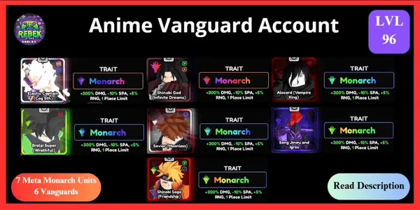 Account 7 Meta Monarch - Elastic Captain (Cog 5th), Shinobi God, Ichigo, Shiny Alocard, Broly, Shiny Song Jin Woo (Vanguard), Shinobi Sage