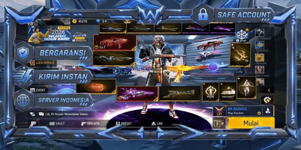 EVOGUN 3 MP40 LVL 7, XM8 LVL 5, SG STERLING LVL 7 MAX 2 VAULT 502 EMOTE 75 ANIMATION 2 KATANA LOBBY 5 FIST 1 BAG 107 SKYWING 1 WEAPON 515