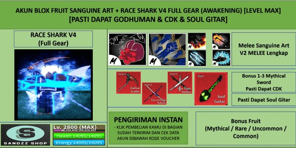 Gambar Product Blox Fruit Account Sanguine Art + Race Shark V4 Full Gear (Awakening) (Godhuman + CDK + Soul Guitar) [Level MAX]