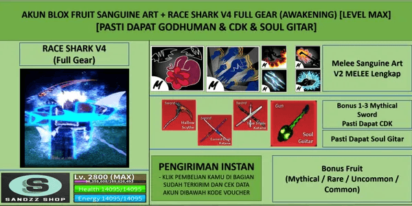 Blox Fruit Account Sanguine Art + Race Shark V4 Full Gear (Awakening) (Godhuman + CDK + Soul Guitar) [Level MAX]