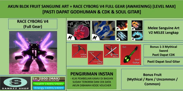 Blox Fruit Account Sanguine Art + Race Cyborg V4 Full Gear (Awakening) (Godhuman + CDK + Soul Guitar) [Level MAX]