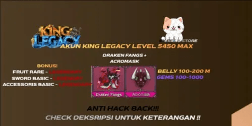 King Legacy Account (MAX LEVEL) + DRAKEN FANGS SWORD + ACROMASK