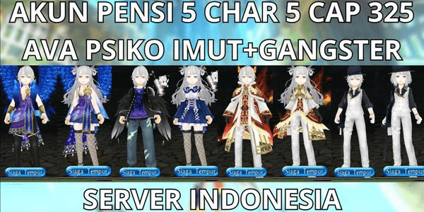 Gambar Product RETIRED ACCOUNT 5 CHAR 5 CAP MAX LVL 325 INDONESIA SERVER, FULL AVA SET CUTE PSYCHO+GANGSTER, VIA MQ, ANTI HACKBACK, SUPER CHEAP