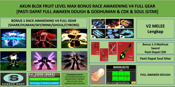 Blox Fruit Account Level Max Bonus Race Awakening V4 Full Gear (Awakening) (Full Awaken Dough + Godhuman + CDK + Soul Guitar)
