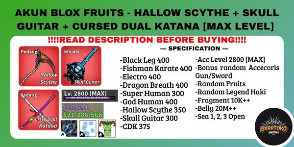 Gambar Product BLOX FRUITS ACCOUNT - HALLOW SCYTHE + SKULL GUITAR + CURSED DUAL KATANA [MAX LEVEL]