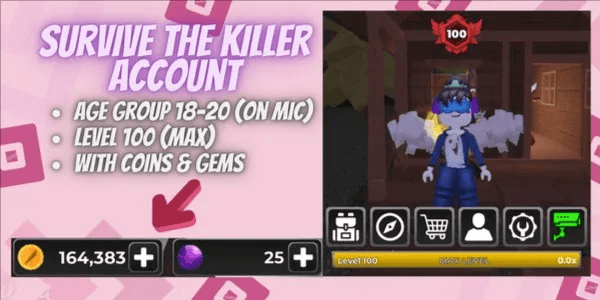 Account Survive The Killer | Level 100 | 164k Coins
