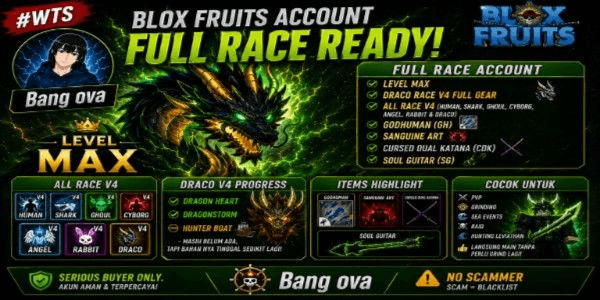Gambar Product Blox Fruits Account Level Max | All Race V4 | Draco V4 Full Gear | Godhuman | Sanguine | CDK | Soul Guitar | All race V4