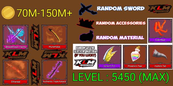 Gambar Product Akun King Legacy Max - Bloodmoon Twins - Authentic Triple Katana - Muramasa - Ethereal - Hell Sword - Random Sword/accessories/material