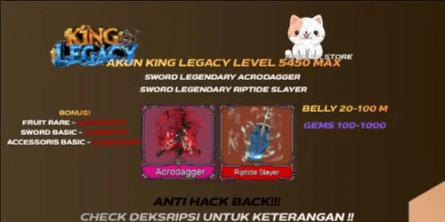 Akun King Legacy ( LEVEL MAX ) + ACRODAGGER + RIPTIDE SLAYER