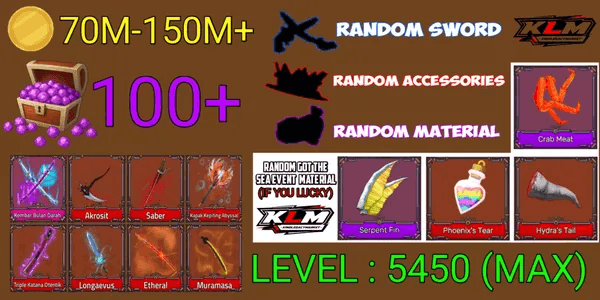 Akun King Legacy Max - Bloodmoon Twins - Saber -  Abyssal Crab Axe - 5 Legendary Sword - Random Sword/accessories/material
